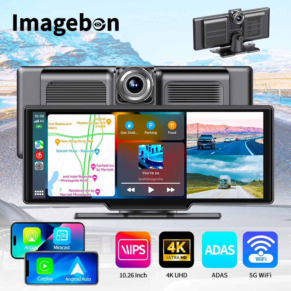 

Imagebon 10.26" H13Pro 4K ADAS Dash Cam Wireless CarPlay & Android Auto Dashboard Car DVR GPS Navigation FM AUX Voice Control