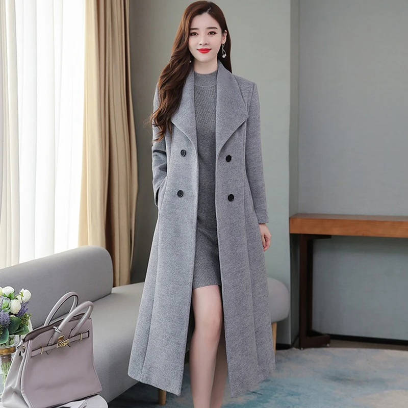 

Pop Thick Woolen Coat Women Autumn Winter Nice Elegant Fashion Turn-down Collar Plus Cotton Liner Warm Slim Long Wool Coat