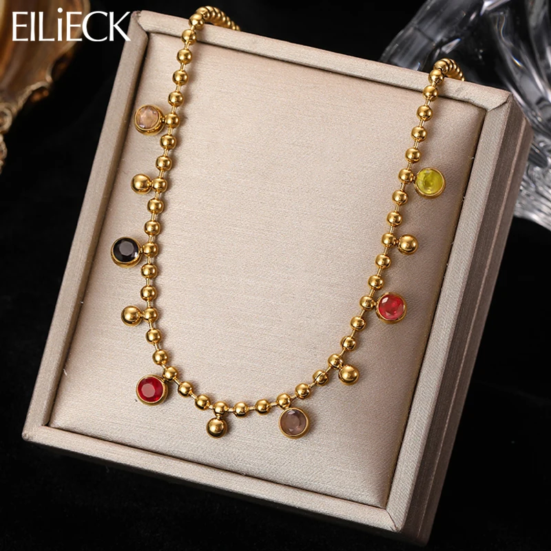 EILIECK 316L Stainless Steel Colored Zircon Crystal Beaded Necklace For Women High Quality Rustproof Neck Jewelry Girls Gift