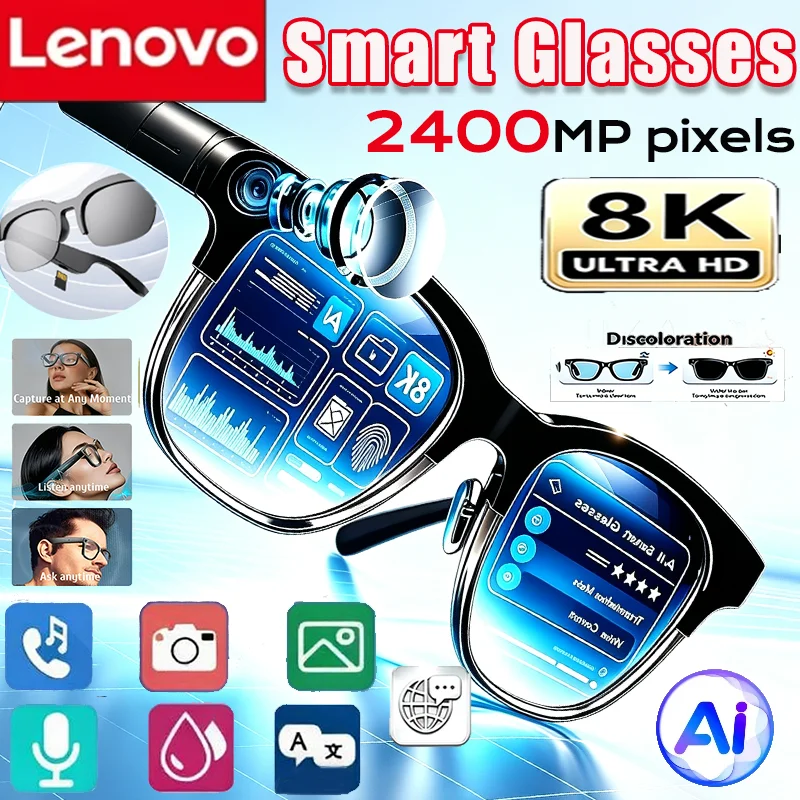 Lenovo 8K 2400MP AI Smart Glasses NEW Insert Cards AI Translation Bluetooth Conversation Recording HIFI Music Smart Sunglasses