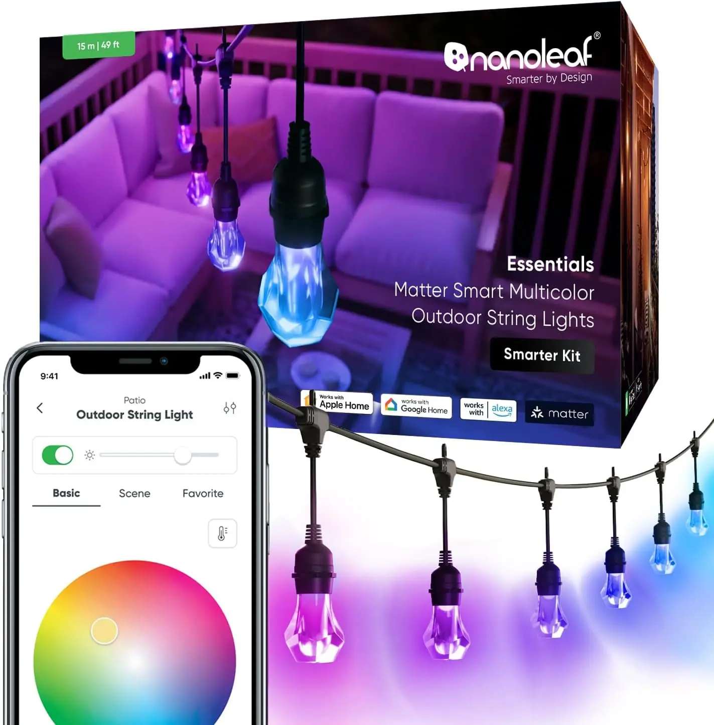 

Essentials Matter Smart Multicolor Outdoor String Lights Smarter Kit Bulbs IP 65 Water Resistant (49ft (20 Bulbs))