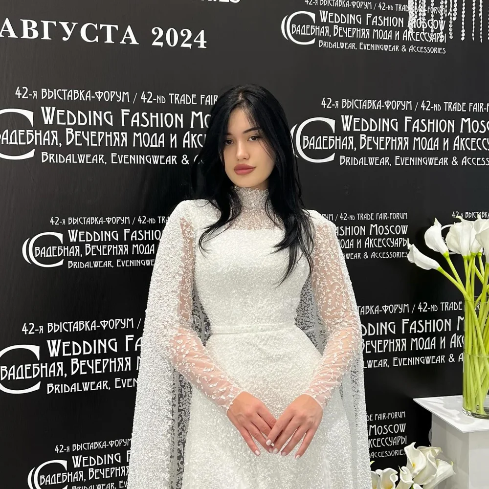 Cathy White Beading Shawl Two-Piece Set vestidos de noche Long Sleeves High Neck Party Dresses A-line Customized Prom Dress 2024