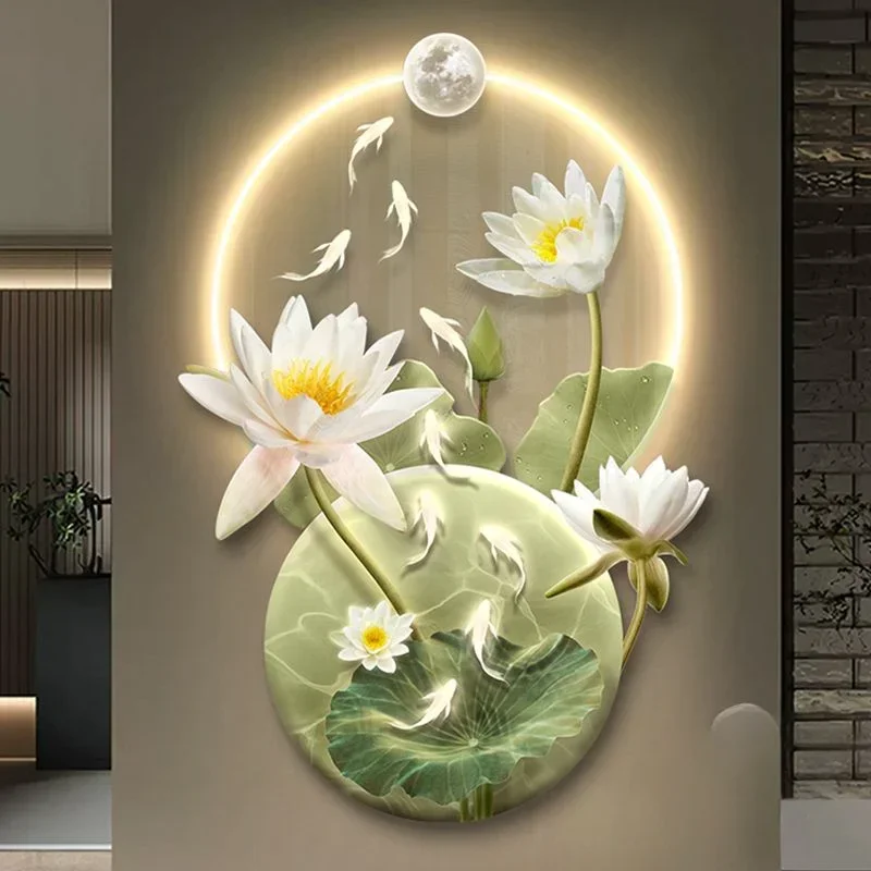 Lotus Koi Porch Decorative Painting Clock Hanging Painting Light Luxury High End Corridor Aisle End Nine Fish Picture Wall Clock