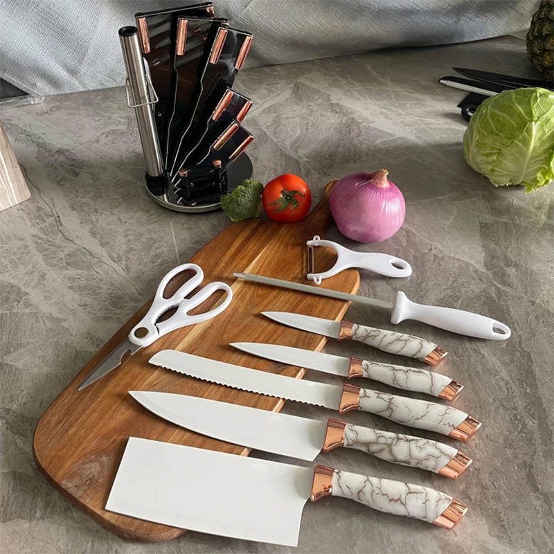 9pcs Kitchen Tools Knife Set Electroplated Handle Swivel Seat Chef Knife Kitchen Knife Scissors Plane Knife Sharpening Stick