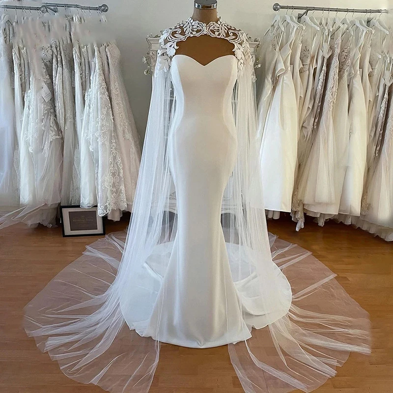 Mermaid Lace Wedding Dress with Cape Elegant Sleeveless Wedding Dresses Sweetheart Satin Long Bridal Gowns