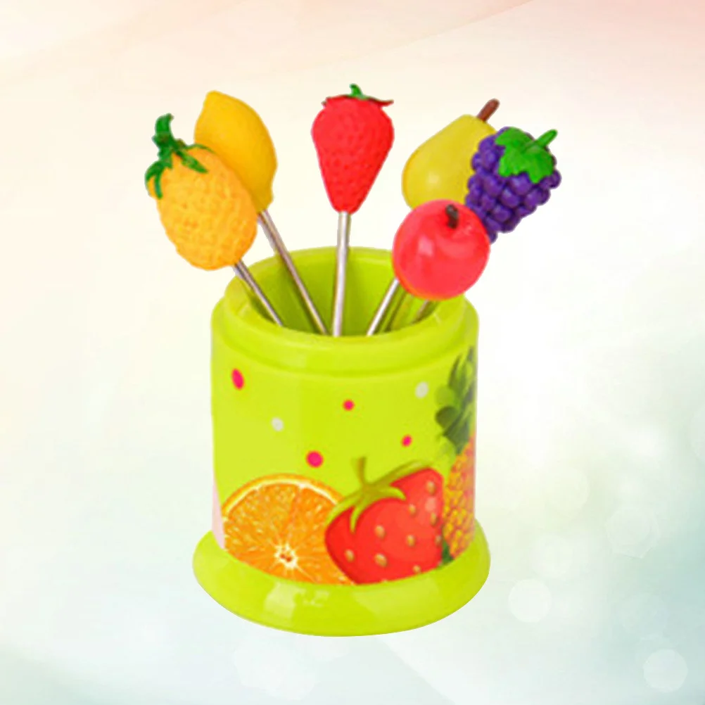 

6Pcs Stainless Steel Fruit Forks Set Fruit Picks for Party Dessert Snacks with Green Yellow Canisters Reusable Lunchbox Picks