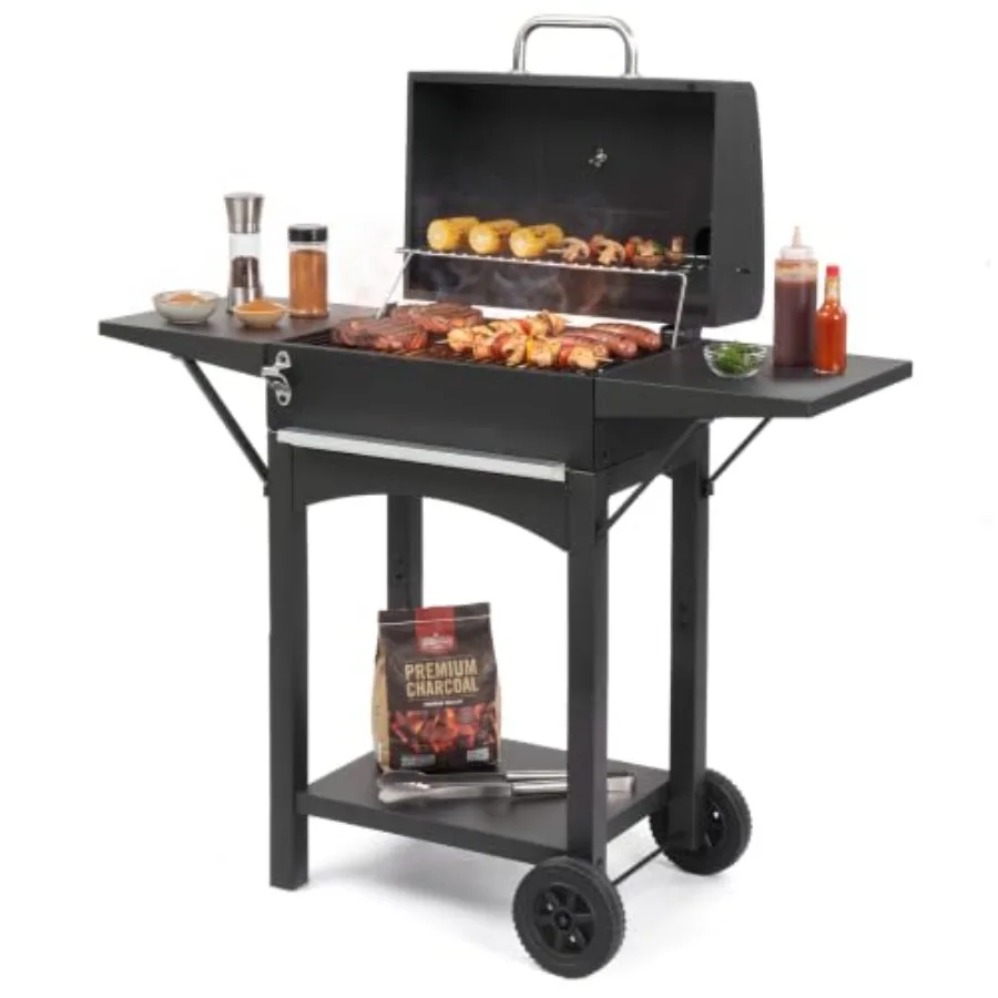 Charcoal Grill with 2 Side Tables, BBQ Grill with Lid and Chimney