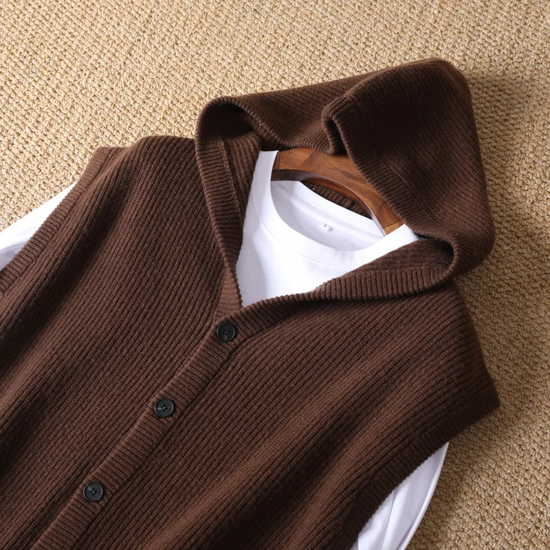 New product autumnwinter men's vest 100% Merino wool knitted hooded cardigan casual loose sleeveless solid color men's sweater