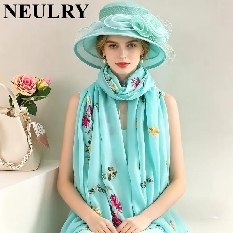 2pcs Floral Mesh Hat And Embroidered Shawl Set Summer Wide Brim Rose Bucket Cap Organza Outdoor Sun Beach Linen Scarf