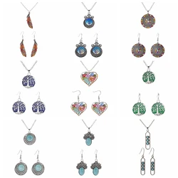 Boho Tree Of Life Indian Earring/Necklace Set Women's Bijoux Silver Color Heart Shape Turquoises Earrings Jewelry Set Hangers