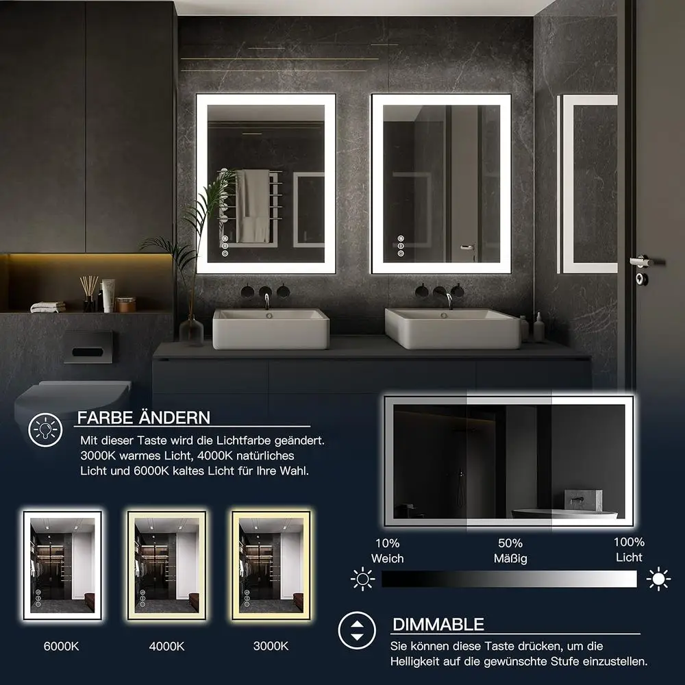 مرآة حمام مضيئة بإضاءة LED مقاس 20 × 28 مع أضواء مضادة للضباب و3 ألوان ومقاومة للكسر ووظيفة الذاكرة #3