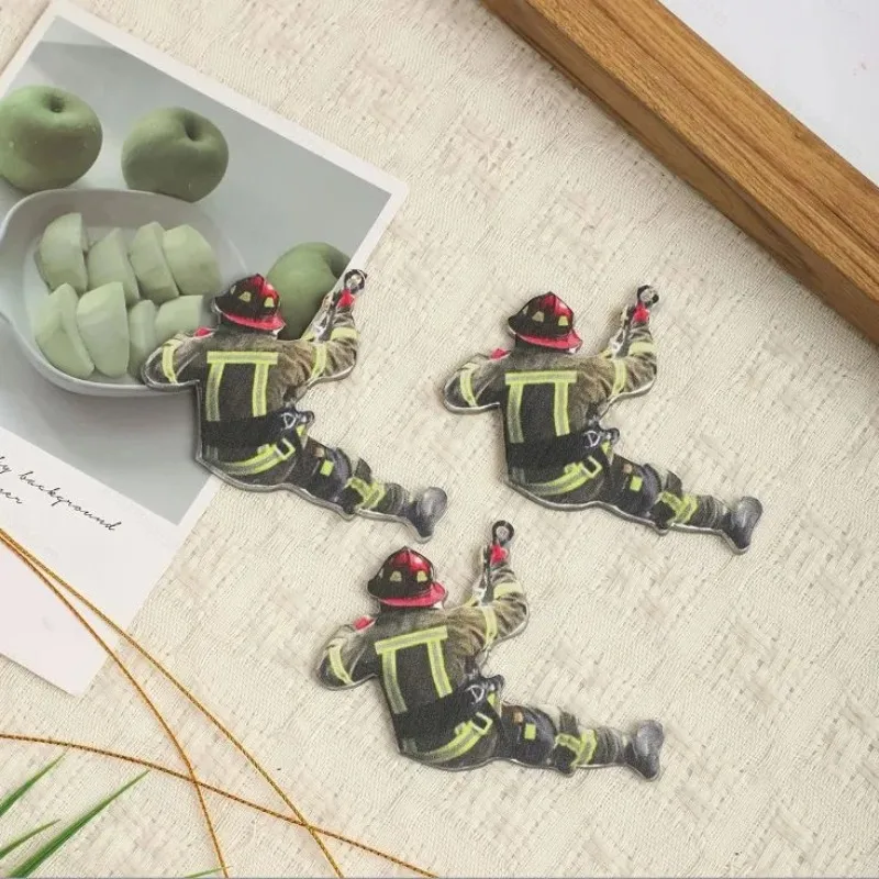 Firefighter Fireman Car Decoration Pendant Flat Wooden Keychain Acrylic Ornament for Christmas Tree Rearview Mirror Hanging