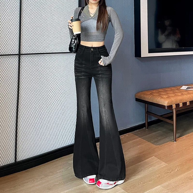 OIQERE Women Fashion New High Waist Stretch Slim Micro Flare Jeans Ladies Trendy Denim Long Trousers