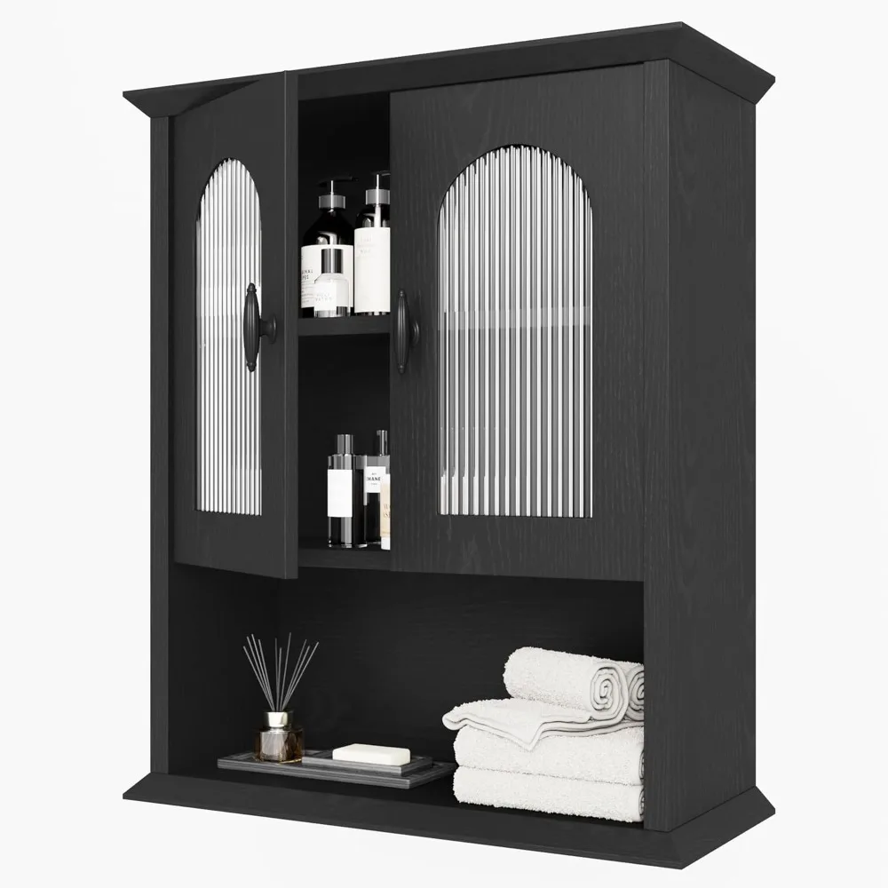 

Bathroom Wall Cabinet with Fluted Door, 18.9'' x 23.6'' Medicine Cabinet, Over The Toilet Storage Cabinet, Black