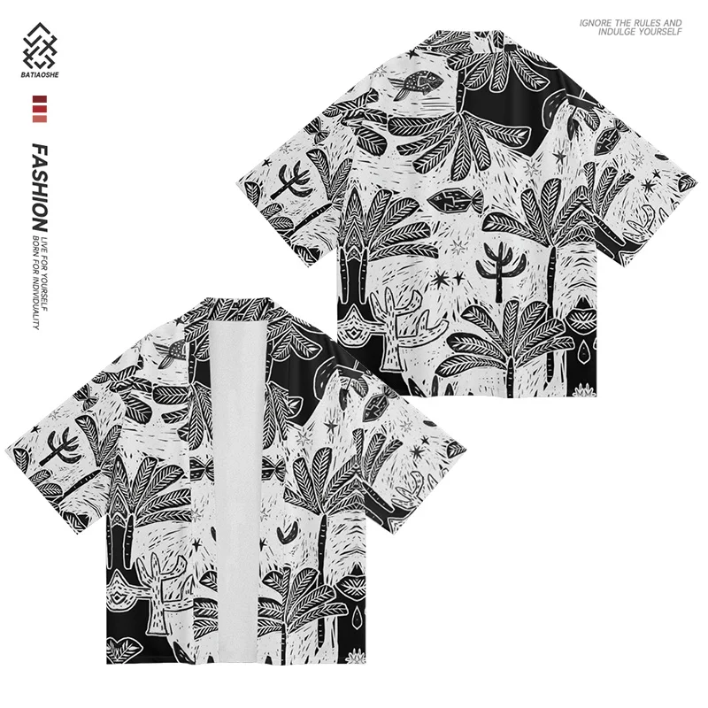 Guochao Summer New Leaf Print Design Men's Kimono Chinese Style Toga Shirt Trend Feather Weave Kimono Shirt Men's Jacket Tops