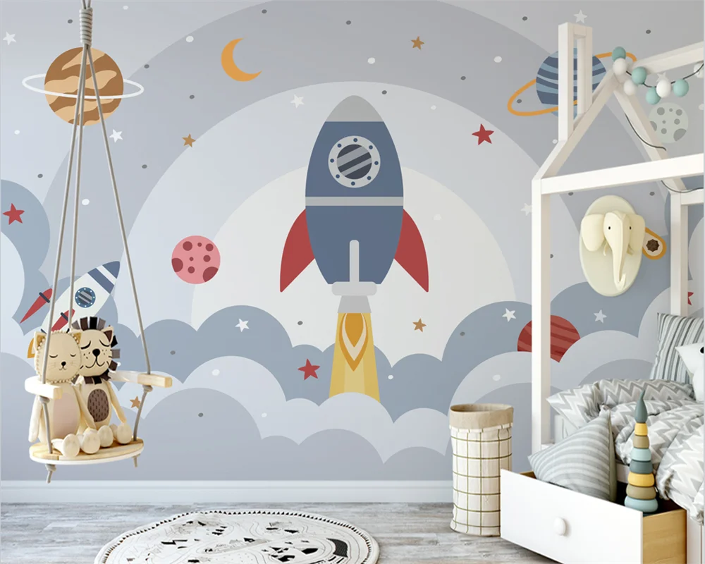 

beibehang Custom Nordic modern hand painted space planet rocket children's room background papel de parede wallpaper