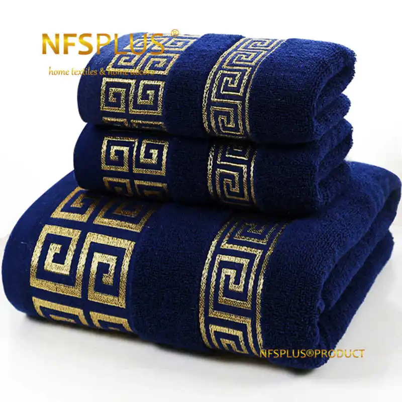 

3 Pack Cotton Towel Set Bathroom Bath Towels For Adults Blue White Geometric Terry Face Towels Sport Gym Travel Hand Washcloths
