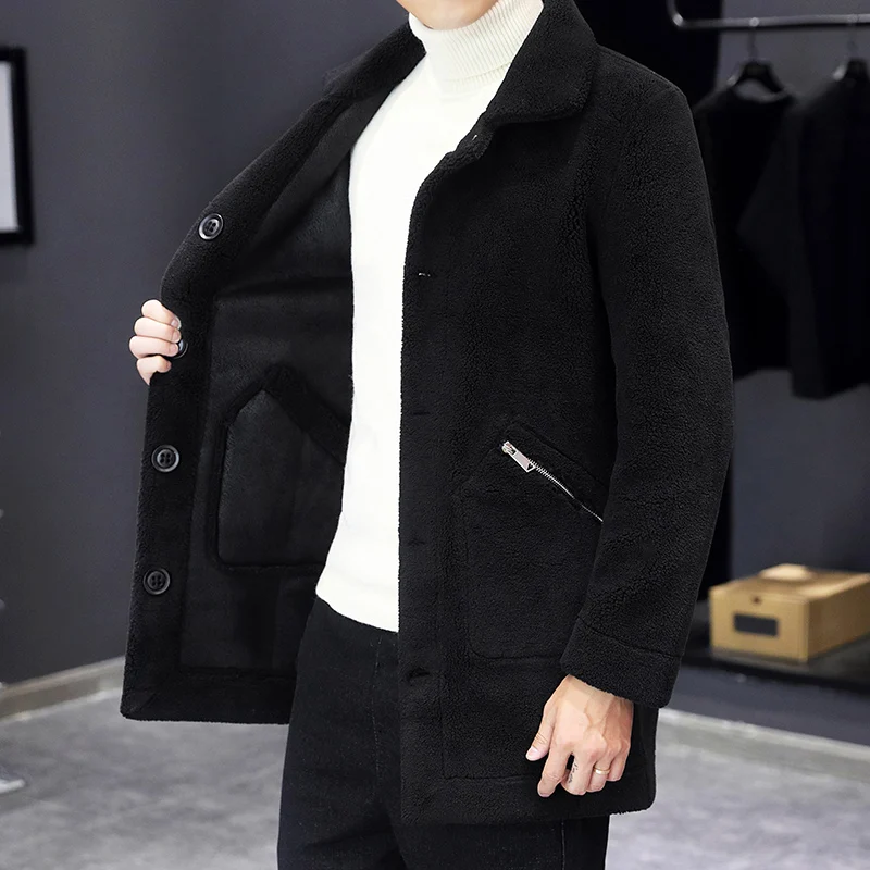 Casual Men\'s Plush Thicken Windbreaker Jackets Winter Outwear Double Side Wearable Warm Top Overcoat Mid-Length Fur Fleece Coats