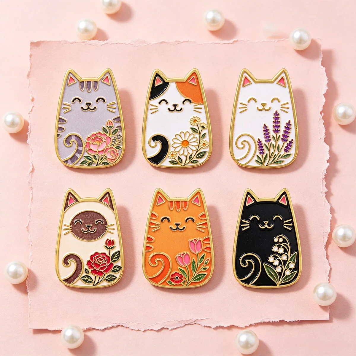Florale Niedliche Katzen-Emaille-Pins Cartoon-Tiere Metall-Reversnadel Abzeichen Blumenmuster Schmuck Jeansjacke Rucksack Deko Geschenke – Detail 5