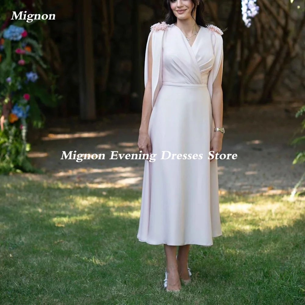 

Mignon Satin A-line V-neck Applique Arab Ruffle Prom Gown Tea Length Saudi Evening Formal Elegant Party Dress for Women 2023