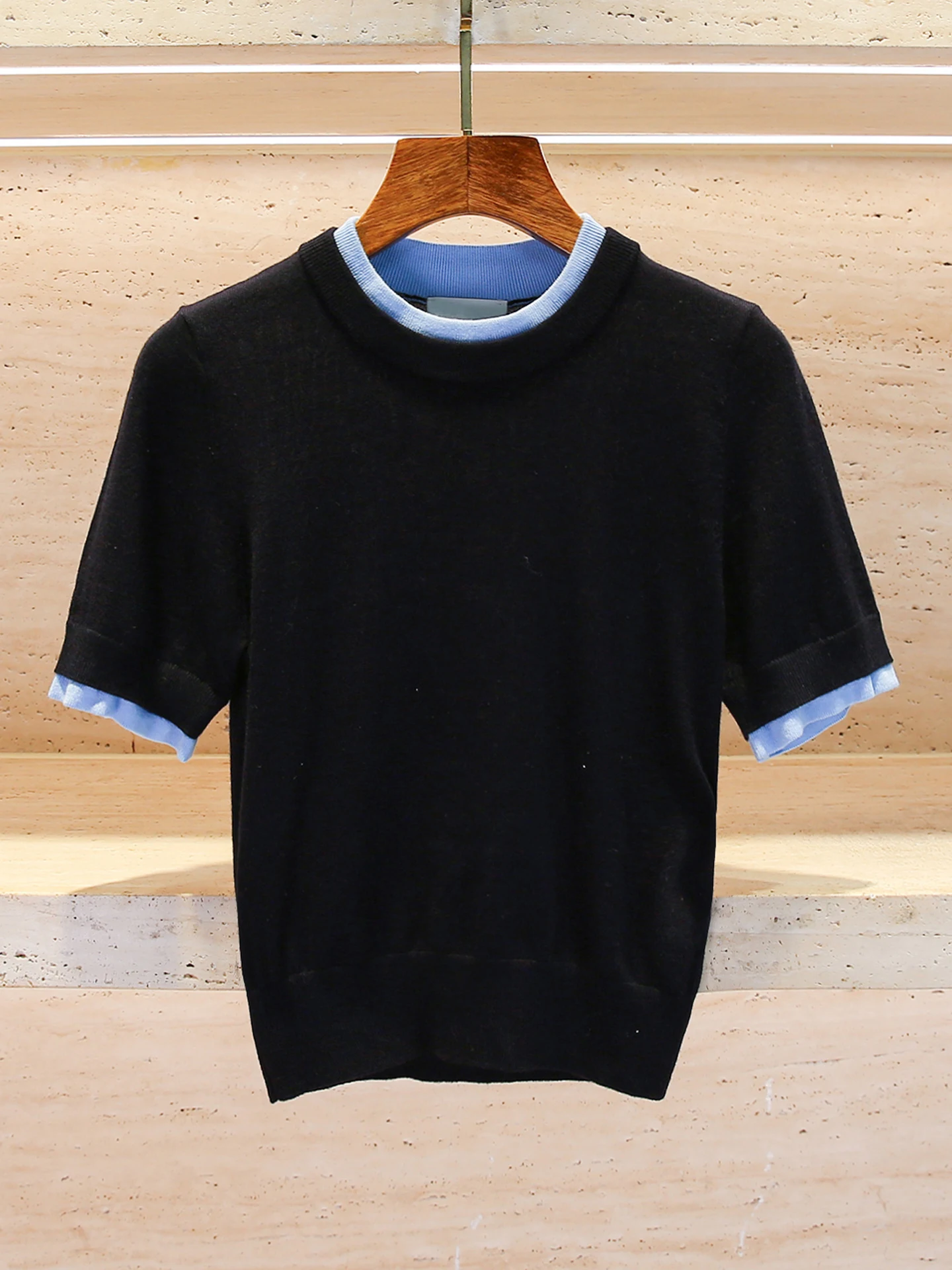 

S Home South Oil High End Women's Knitted T-irt Top Design Sense Fake Two-Piece Autumn New Arrival Commute Sle Regular Fit