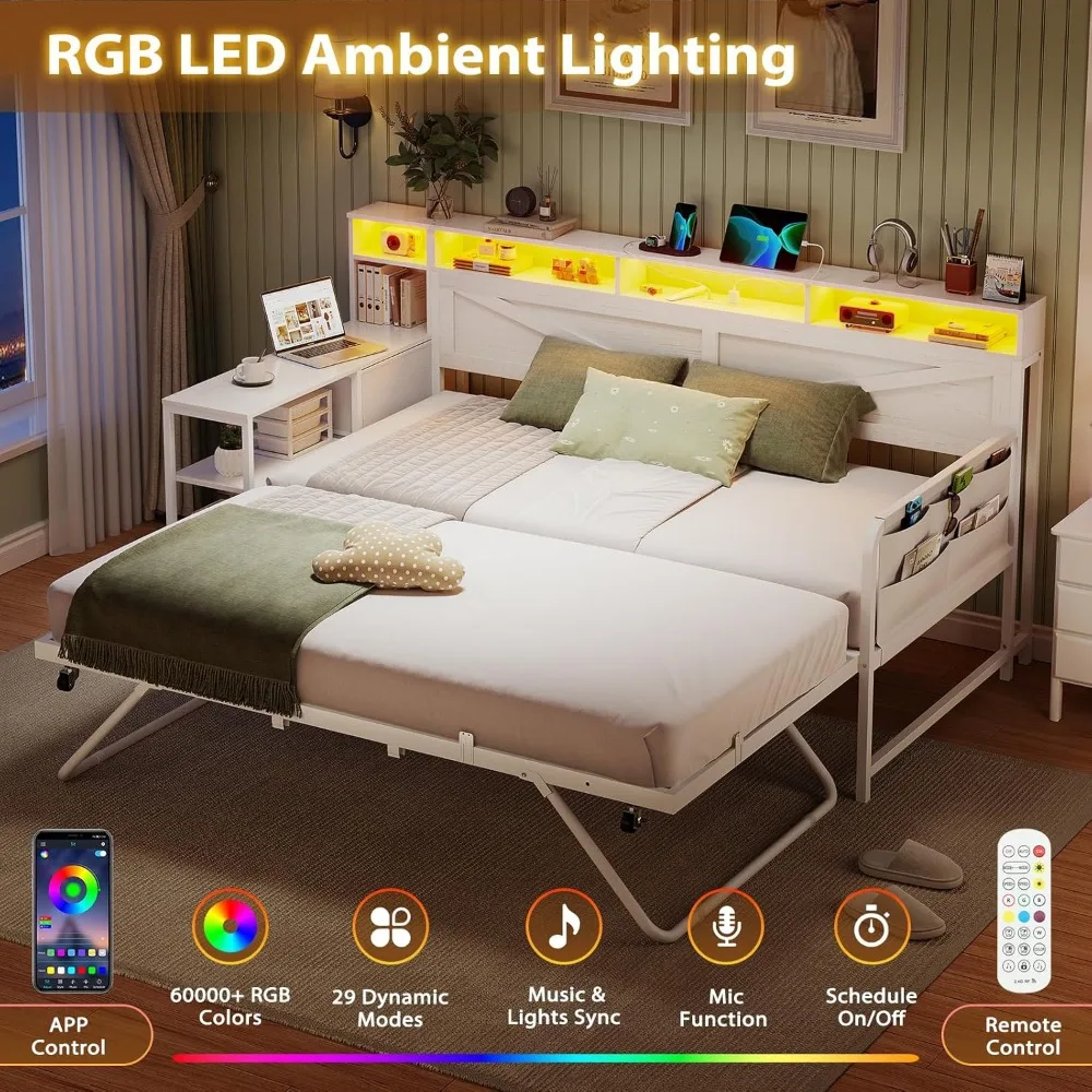 Tempat Tidur Daybed Twin dengan Tempat Tidur Lipat, Rangka Tempat Tidur Kayu Gaya Farmhouse dengan 3 Laci Penyimpanan dan Rak, Tempat Tidur Daybed Twin hingga King