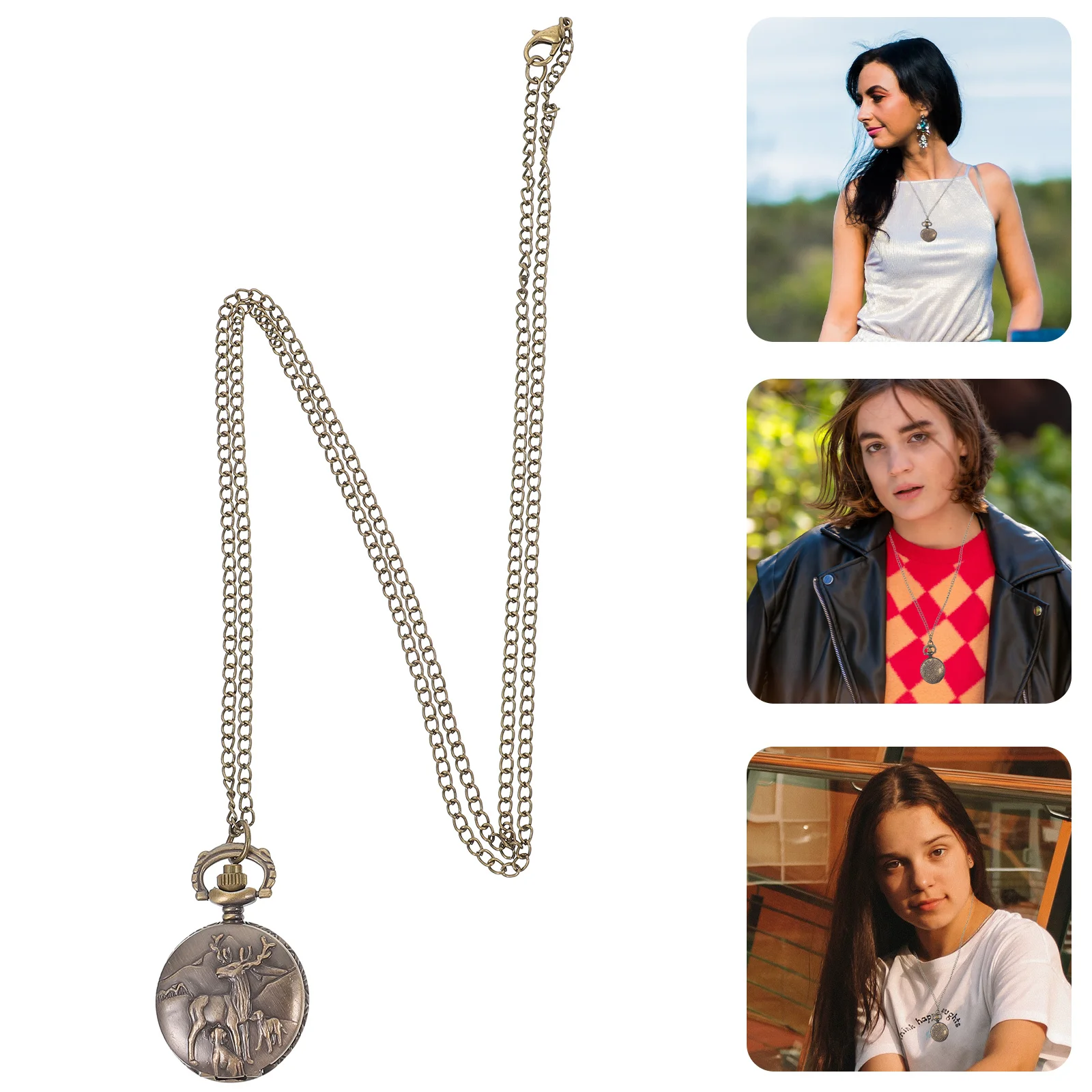 1 قطعة ساعة الجيب خمر قلادة سلسلة ساعة كوارتز ريترو مع نمط الغزلان تصميم الرياح المعدنية للرجال النساء هدية #1