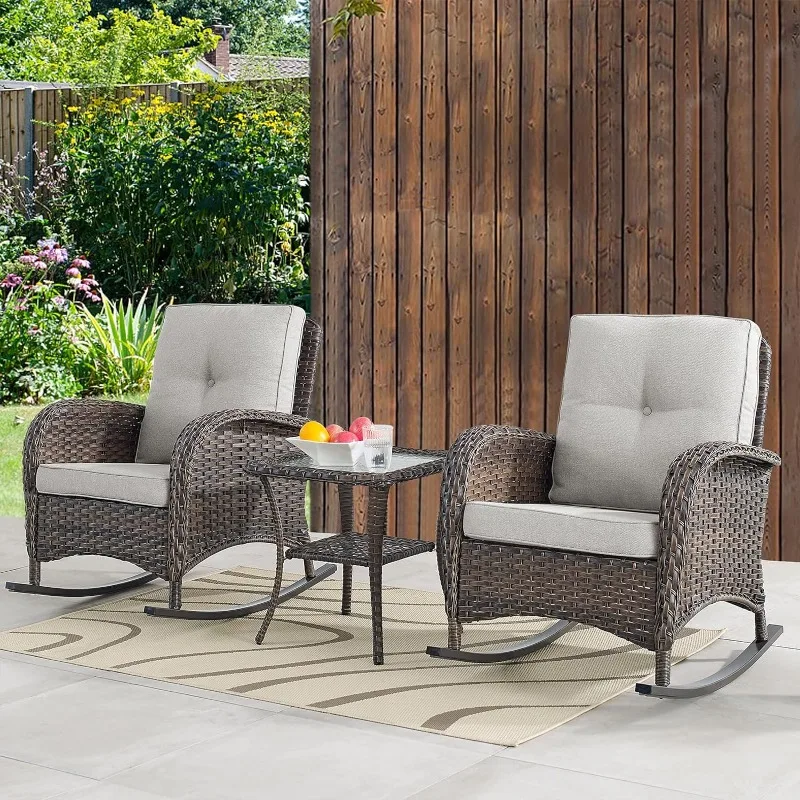 Outdoor Rocking Chairs Set of 2 Wicker Rocker Chairs for Porch, 3 Pieces Patio Furniture Rocking Set with Rattan Side Table