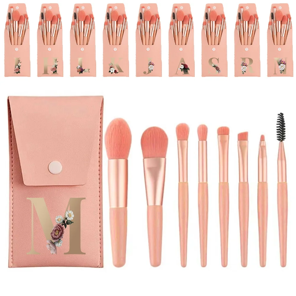 

8pcs Makeup Brush Set Cosmetic Organizer Pack Outdoor Makeup Bag Portable Tools Set Suitable for Beginners Gold Letter Pattern