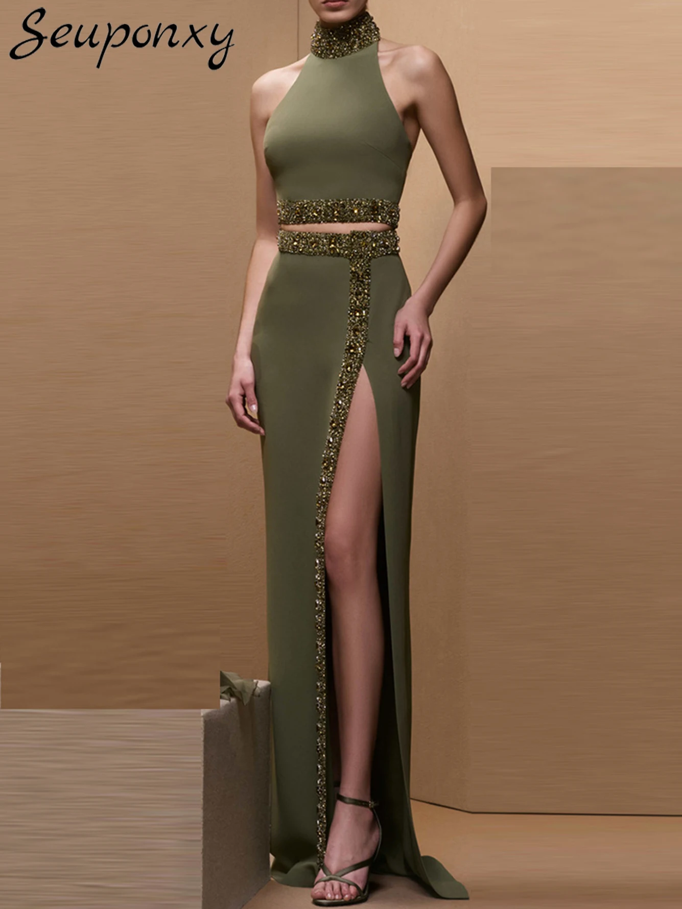 

High Quality Women'S Slim Fit 2-Piece Set Sexy Heavy Industry Nail Bead Diamond Hanging Neck Vest Top+Slit Long Skirt Party Set