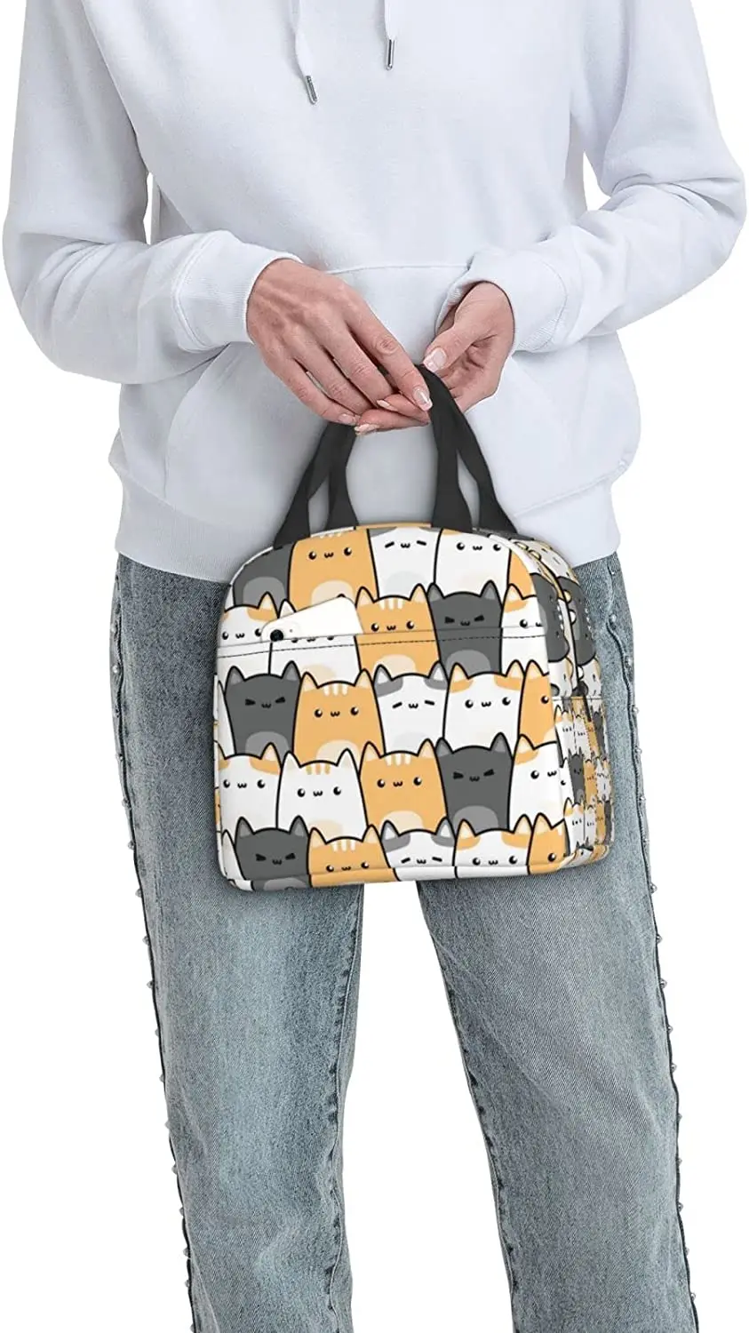 Insulated Lunch Bag Cute Chubby Cats Lunch Box Cartoon Kitten Animal Reusable Waterproof Lunch Tote Bag for School Work Picnic