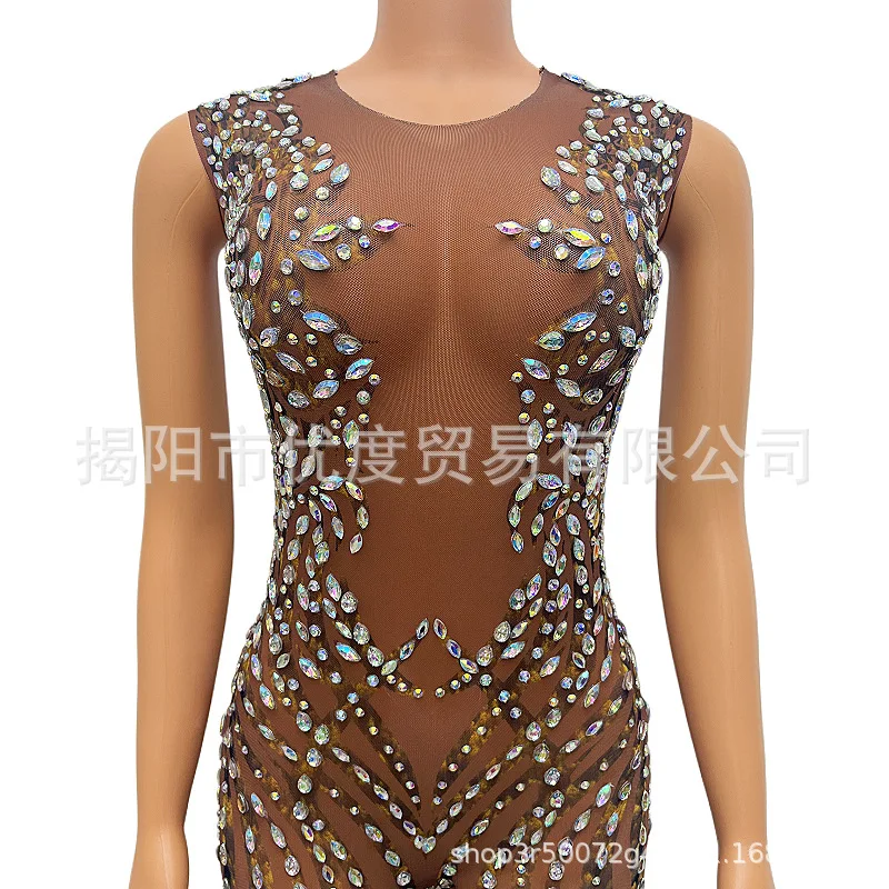 DJ Reception Glam Skinny Slender Perspective Mesh Shiny Birthday Dress Party Night Jumpsuit Mallow Vestidos Para Festas Luxuosas