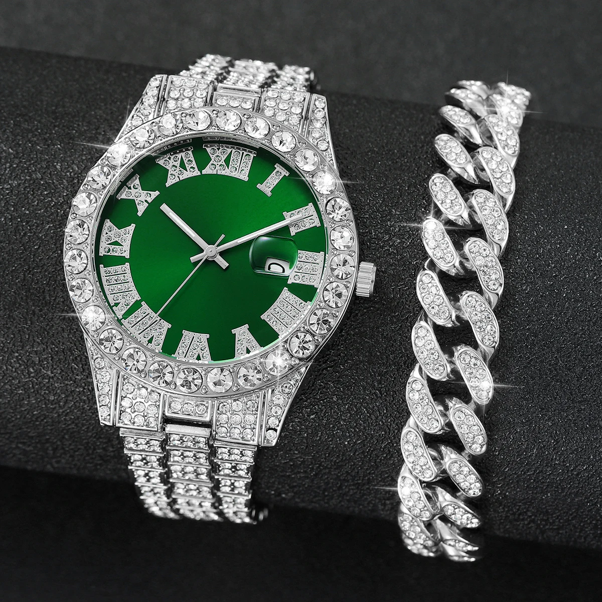 2PCS Luxury Rhinestone Men's Analog Quartz Watch Set