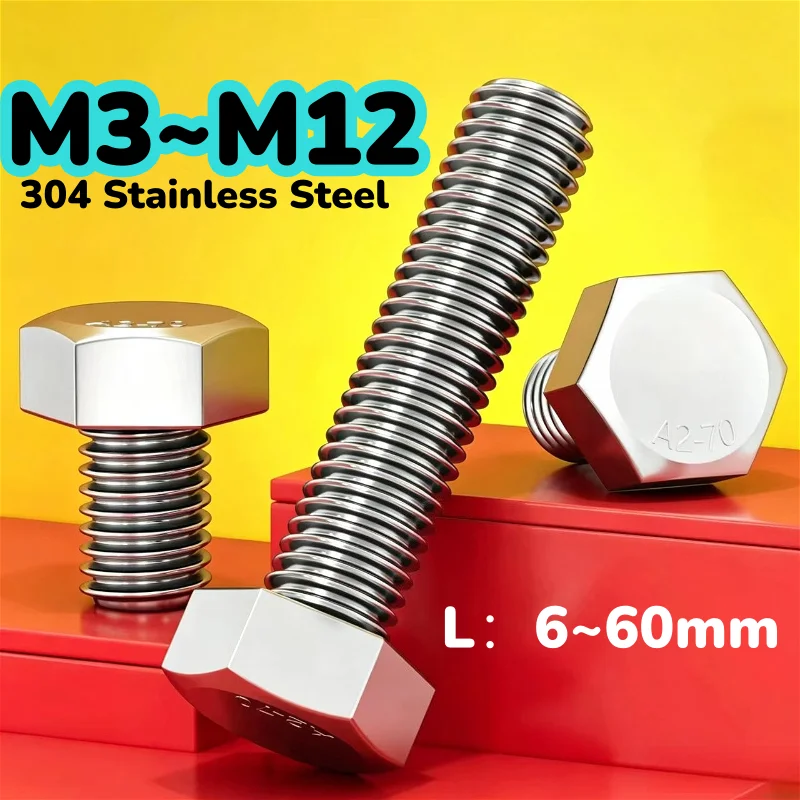 M3 M4 M5 M6 M8 M10 M12 304 Stainless Steel 500 Hour Salt Spray Passivation External Hex Head Bolts Full Thread A2-70 Hex Screw