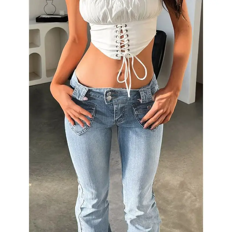 

Женские винтажные облегающие джинсовые длинные брюки Y2k, расклешенные джинсы с низкой талией и пуговицами, однотонные брюки с несколькими карманами