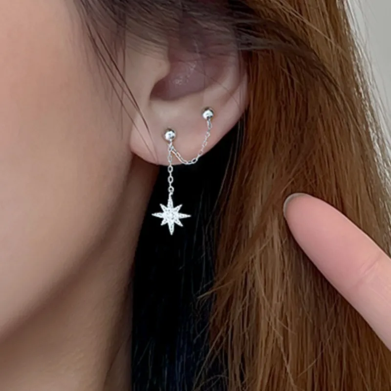 Pendientes de tuerca con forma de estrella ostentosa para mujer y niña, cadena larga con borlas y doble agujero para la oreja, joyería coreana, bisutería, regalos