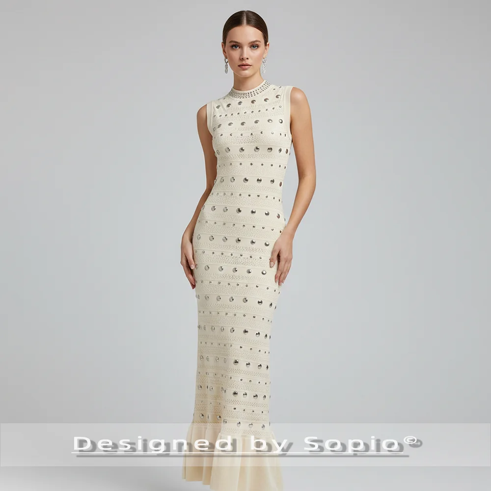 Rivet Folds Knitted Maxi Dress Women Summer Viscose Sleeveless Fashion Tank Robes Lady Elegant Evening Party Long Dress 2026