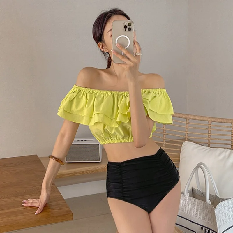 New Sexy Yellow Off Shoulder Ruffle Bikinis High Waist Swimsuit Women Swimwear Beach Bathing Suits Korean Bikini Set Pool 2024