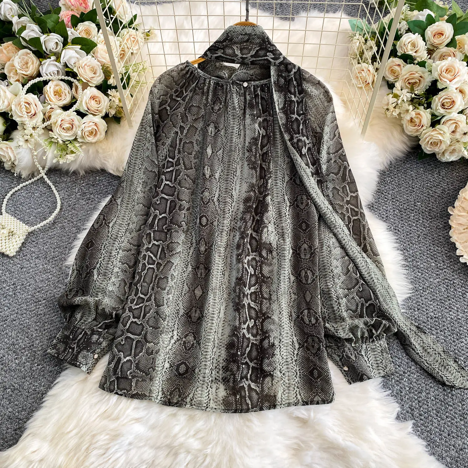French Elegant Women's Blouse with Bow Tie & Stand Collar - Summer Loose Fit Snake Print Chiffon Shirt Female Top BL445
