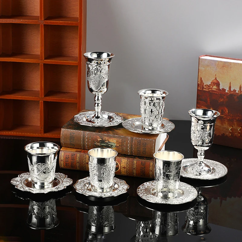 Silver Plated Kiddush Cup with Dish Nickel Plated Wine Cup with Saucer Jewish Shabbos Goblet Passover for Havdalah Passover