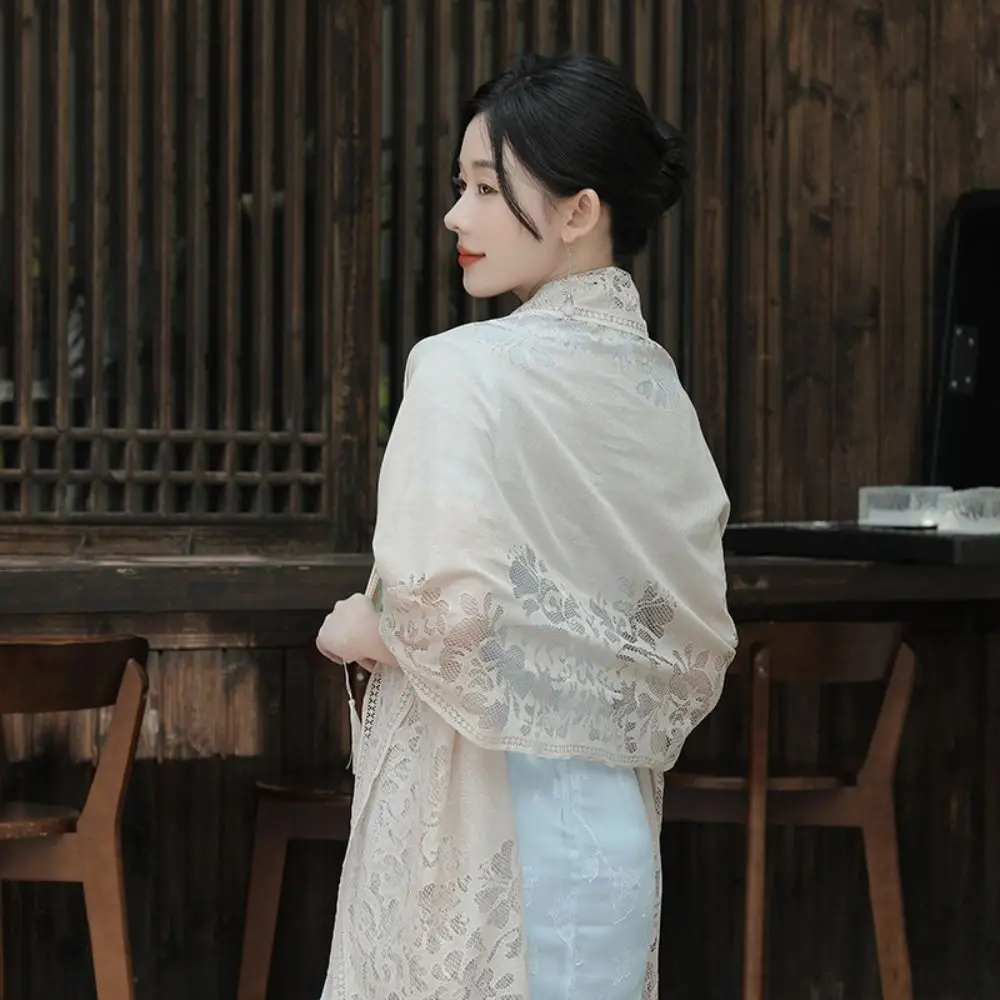 

Casual Elegant Women's Shawls Floral Embroidery Tassel Scarf Thin Hollow Fringes Wraps Party Dinner