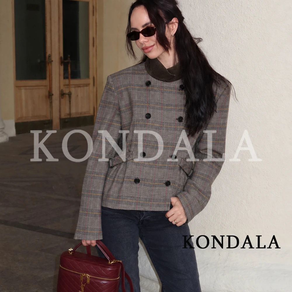KONDALA Women Fall Elegant Double-breasted Plaid Blazer Vintage Commute Waisted Blazer 2026 Autumn Trendy Leisure Classic Blazer