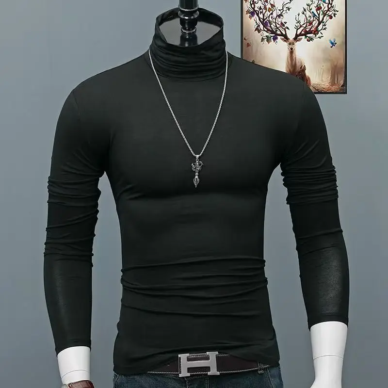

Autumn/winter men's high neck T-shirt slim fit fashionable high stretch long sleeved casual breathable pullover warm shirt