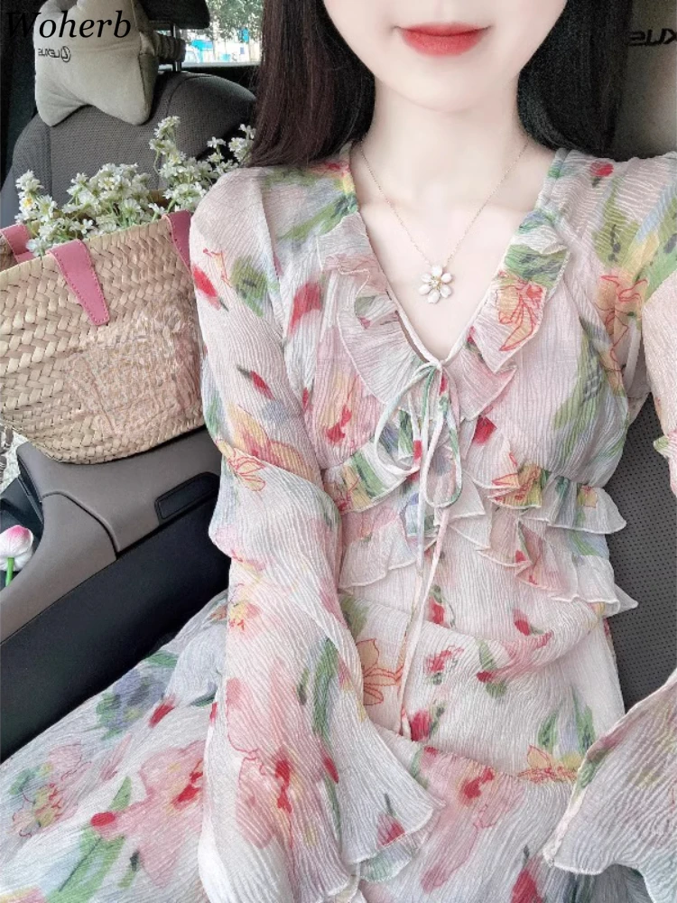 2024 Vestidos De Mujer Flying Sleeve Floral A-line Dresses for Women Slim Waist Folds Ruffled Robe Femme Vintage Bandage Dress