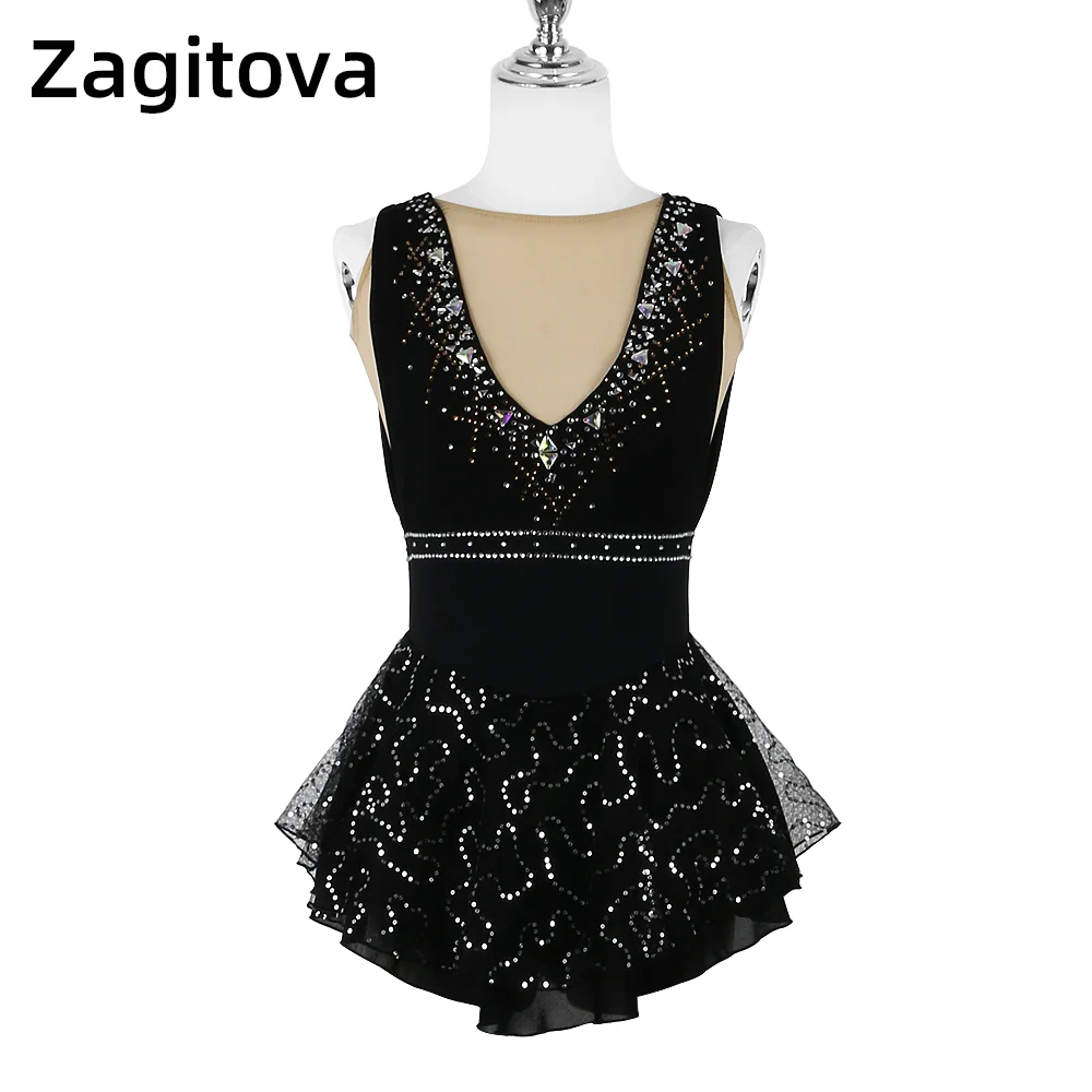 Zagitova Figure Skating Dress Women Girls Ice Skating Skirt Performance Competition Mesh Skirt Costume Glitter V-neck