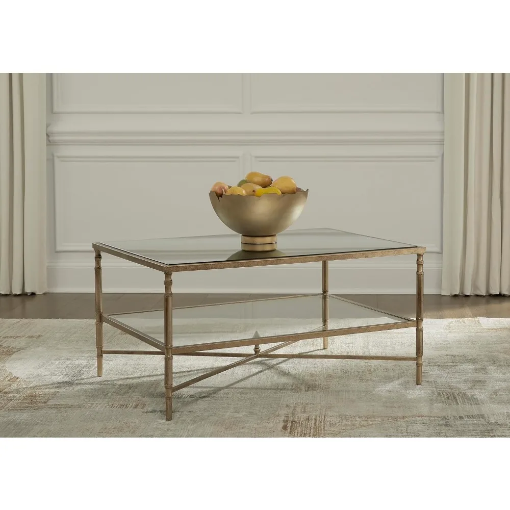 Mid-Century Coffee Table with 1 Glass Shelf and Embellished Legs, Metallic