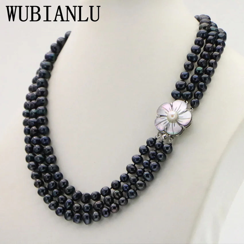 WUBIANLU 3 Row 7-8mm White Freshwater Pearl Necklace Chain Floral Buttons Jewelery Women Girl Banquet 17-19 InchFashion Charming