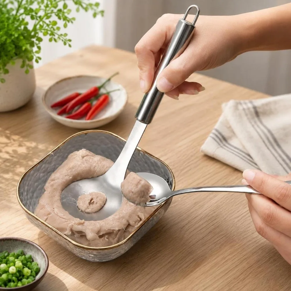 Stainless Steel Meatball Maker Spoon Ergonomic Handle Non-Stick Shrimp Manual Extrusion Spoon Fall-resistant Smooth