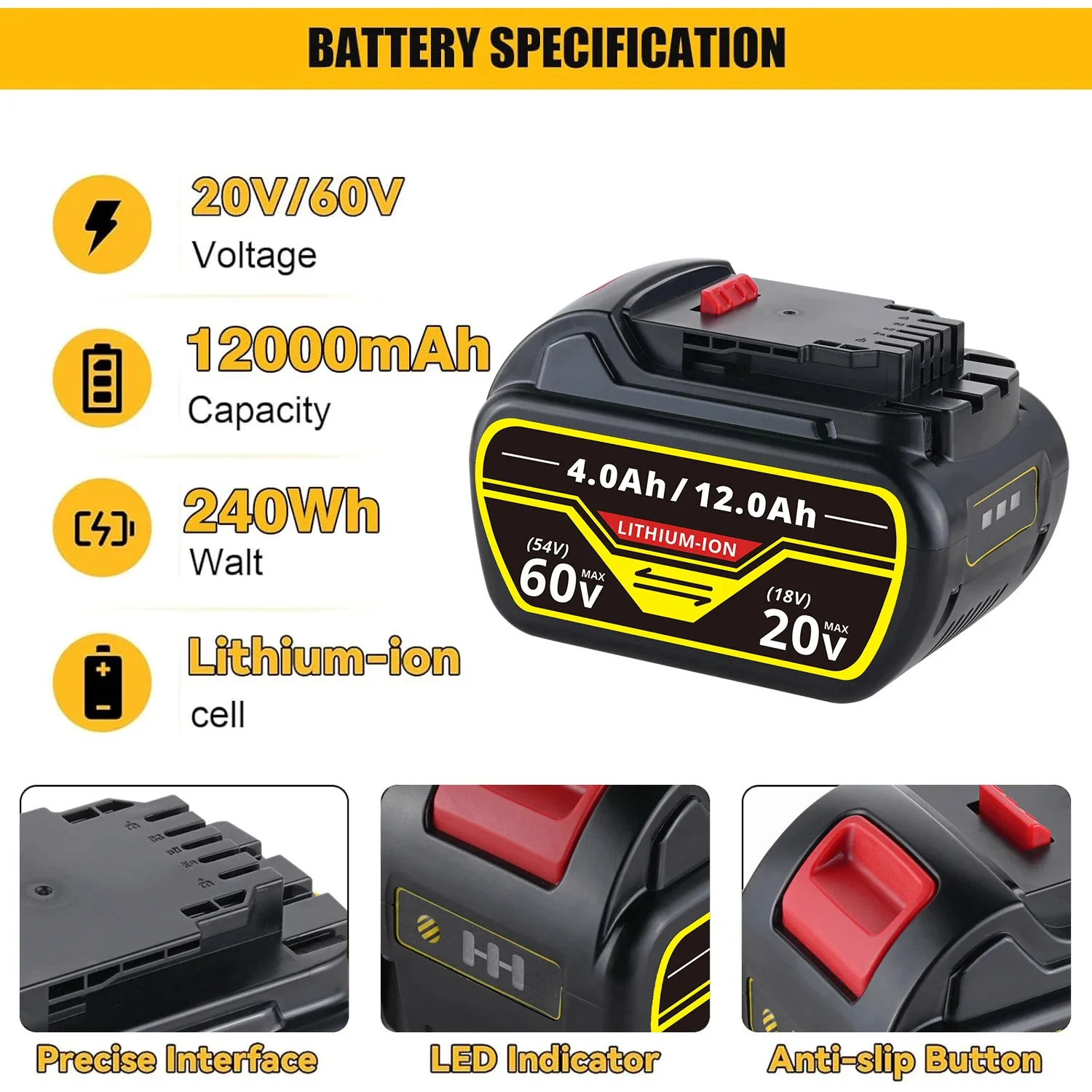 1/2/4Pcs 4.0Ah-12.0Ah DCB606 Replace for Dewalt 20v/60v Flex-Volt Li-on Battery Pin DCB609 DCB612 Compatible with Power Tools