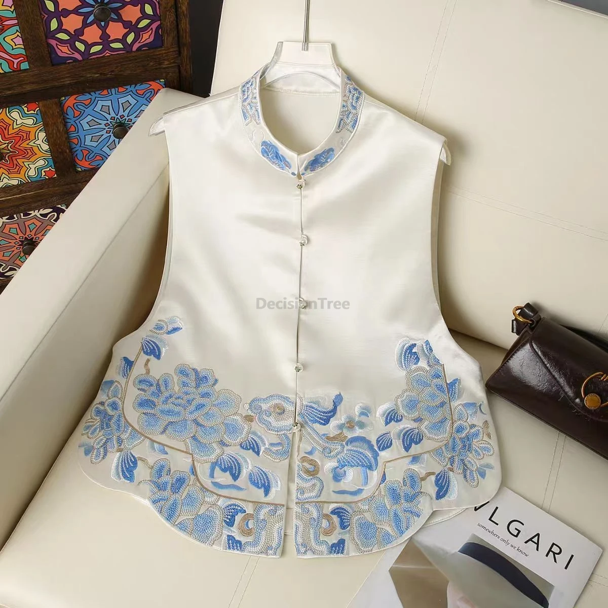 

Винтажный жилет в китайском стиле Тан, элегантный, абрикосового цвета, женский, модный, с вышивкой, повседневный летний топ-жилет